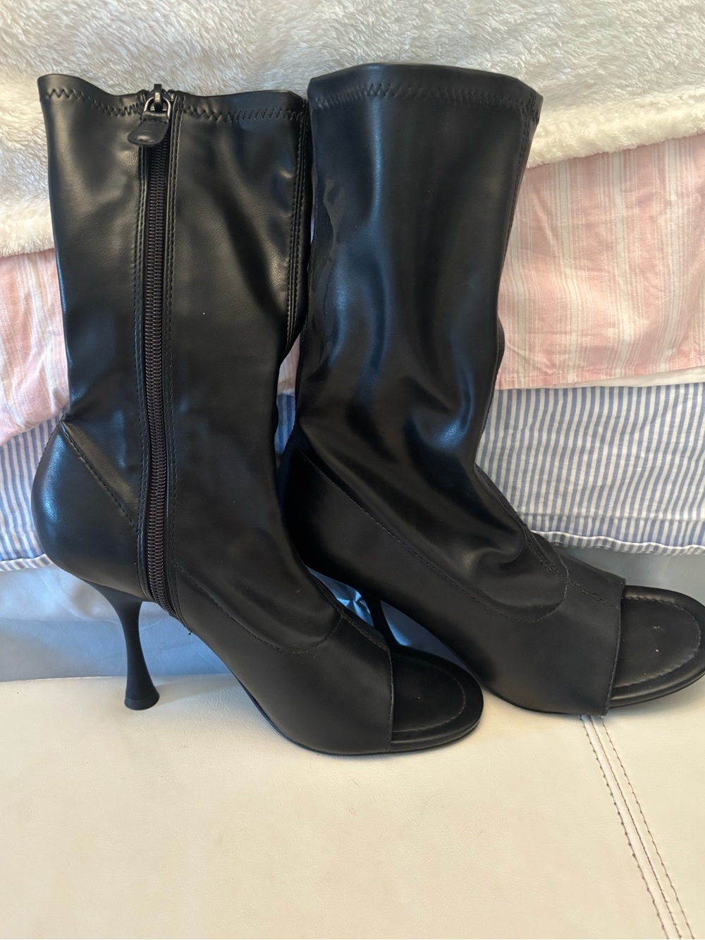 Zara Black Peep-Toe Mid-Calf Stiletto Boots